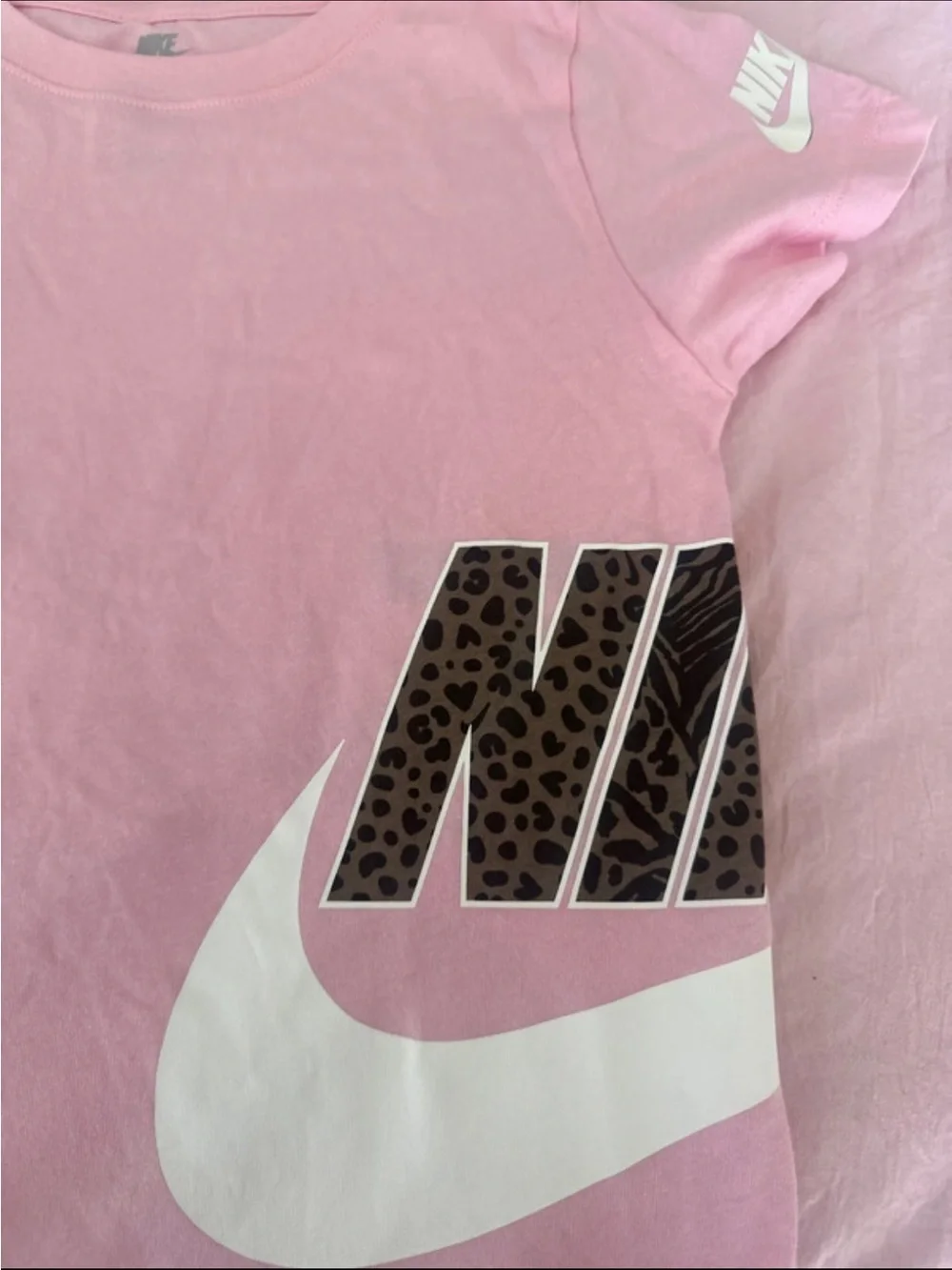 Nike Pink Tee with White Swoosh and Leopard Print Detail